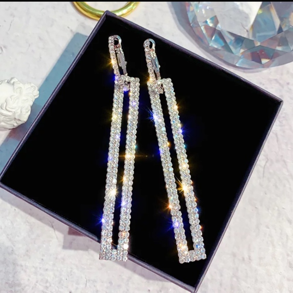 🌟 Fashion Long Geometric Drop Earrings Luxury Silver Rectangle Rhinestone  Party